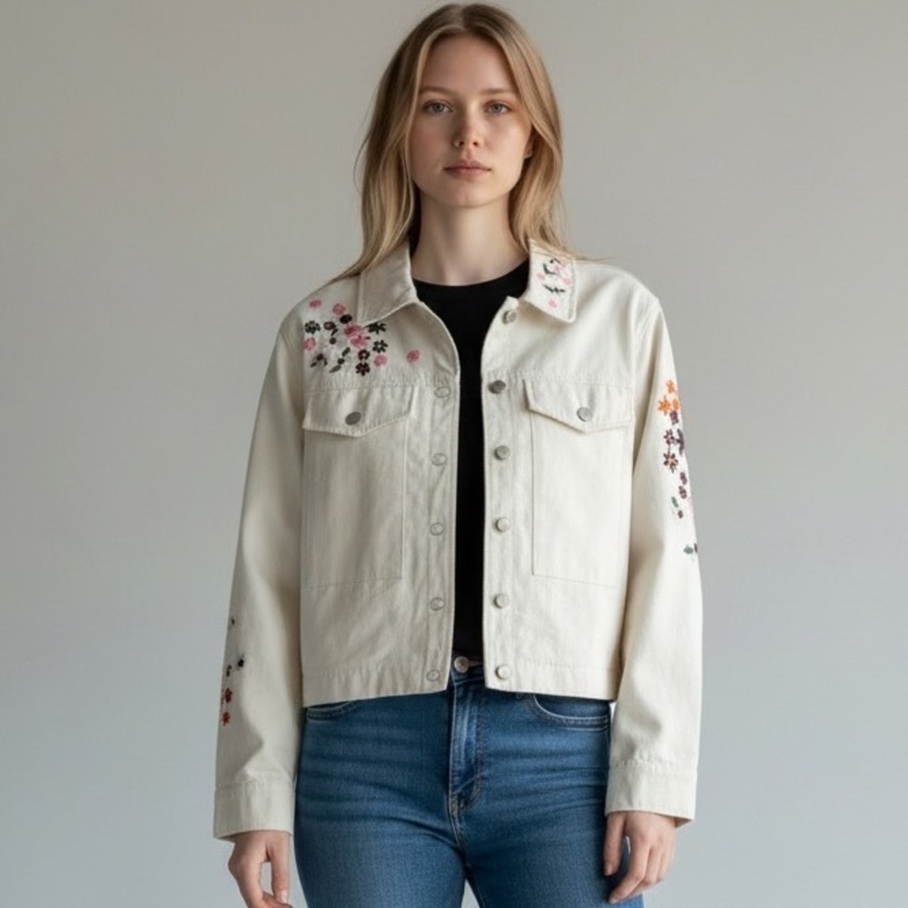 Dolan Left Coast Floral Embroidered Denim Jacket Cream Cotton Womens Medium M